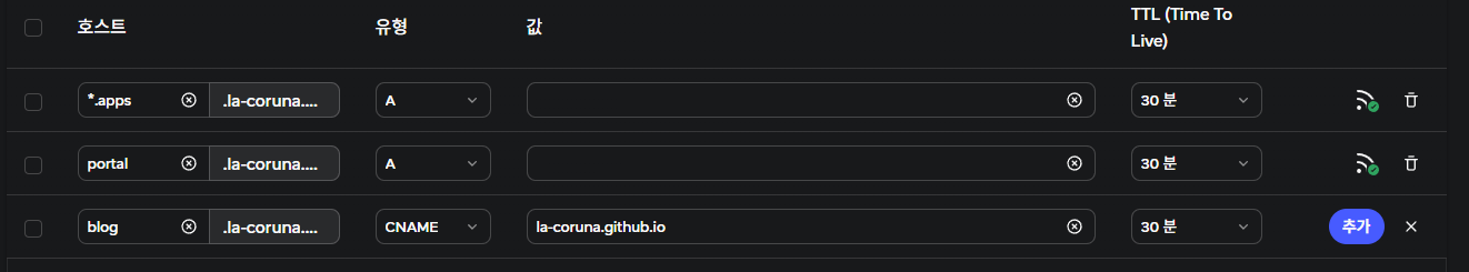 Spaceship에서 GitHub Pages 블로그용 CNAME 레코드를 생성한 화면