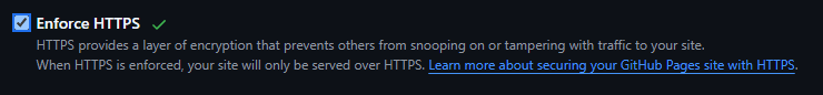 GitHub Pages에서 Enforce HTTPS를 활성화한 화면